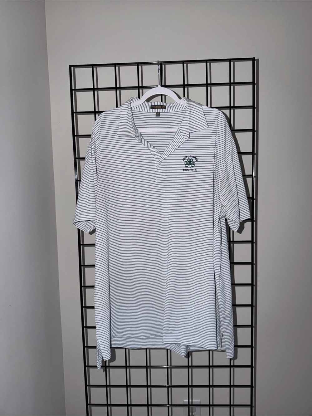 Peter Millar White Polo with Thin Gray Stripes and Green Embroidered Logo